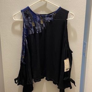 FREE PEOPLE All About You Embellished Cold Shoulder Open back blouses top navy